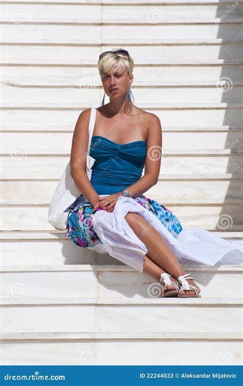 Beautiful Blond Woman Sitting On The Stairs Stock Image Image Of