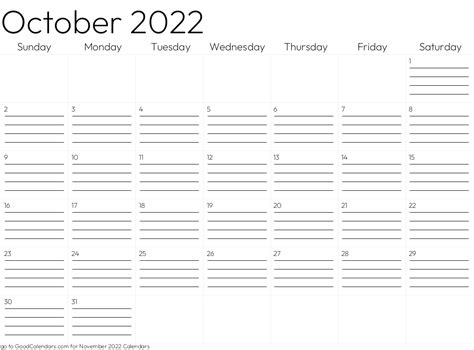 Lined October 2022 Calendar Template In Landscape