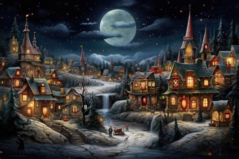 Christmas Villages At Night Generative Ai Stock Illustration