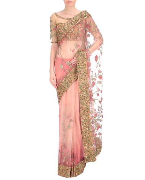 Peach color designer saree in thread embroidery | Saree ...