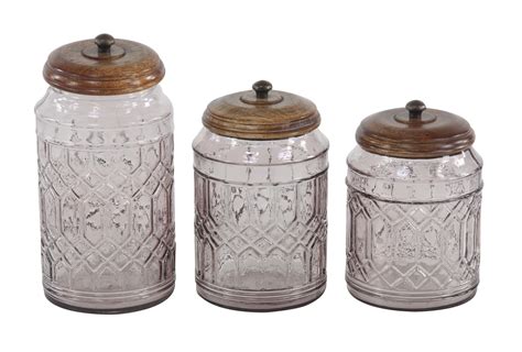 Decmode Large Round Gray Smoked Glass Jars W Wood Lids And Trellis Patterns Set Of 3