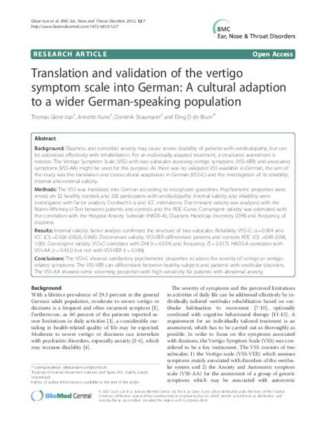 Pdf Translation And Validation Of The Vertigo Symptom Scale Into