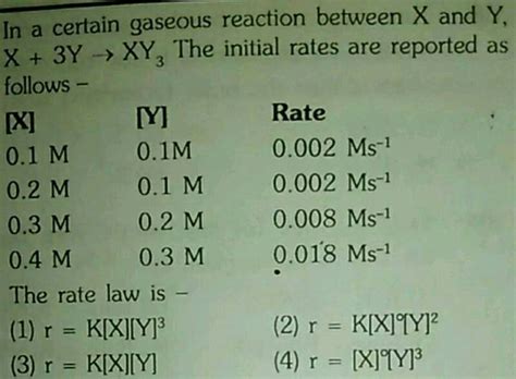 in a certain gaseous reaction between x and y x 3y→ xy3 the initial rates are reported as