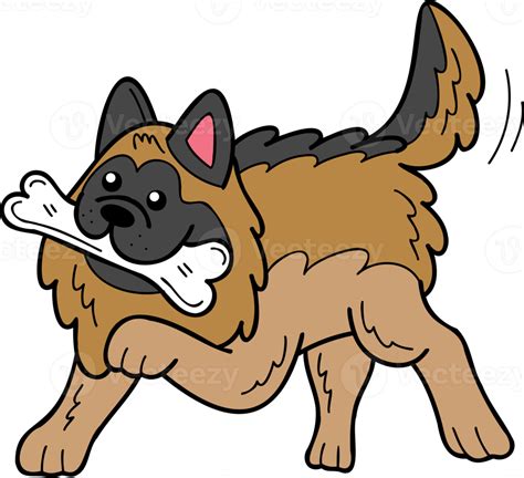 Hand Drawn German Shepherd Dog Holding The Bone Illustration In Doodle