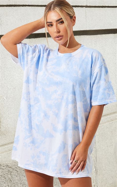 Light Blue Tie Dye Washed T Shirt Tops Prettylittlething Usa