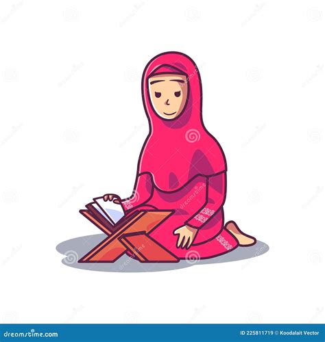 Muslim Woman Reading The Holy Quran Cartoon Style Illustration Stock