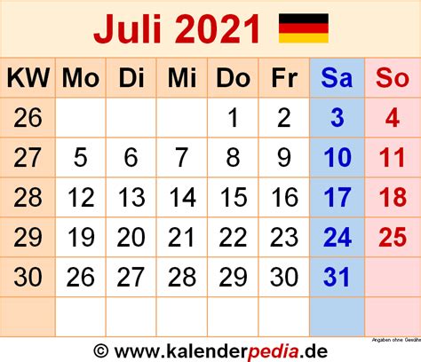 Kalender Juli 2021 Als Word Vorlagen