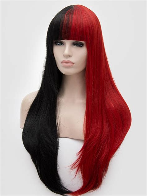 half black half red long straight non lace wefted wig synthetic wigs babalahair