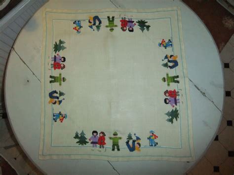 Vintage Swedish Great Embroidered Tablecloth With Children Skating And