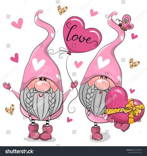 Set Two Cute Cartoon Valentine Gnomes Vector De Stock Libre De