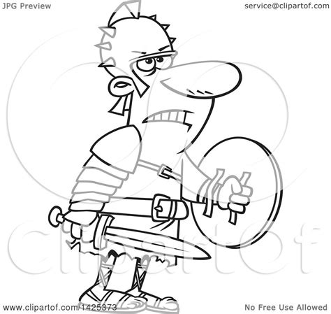 Clipart Of A Cartoon Black And White Lineart Tough Gladiator Holding A