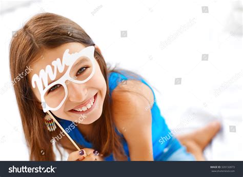 Happiness Cute Teenage Girl Posing With White Fake