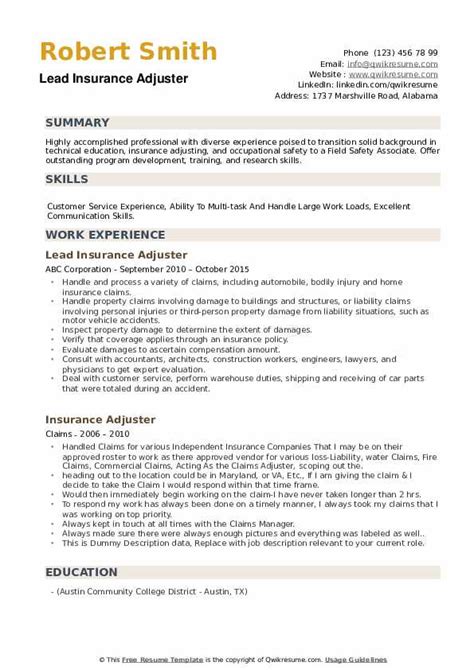 Insurance claims adjuster resume sample with skills; Insurance Adjuster Resume Samples | QwikResume
