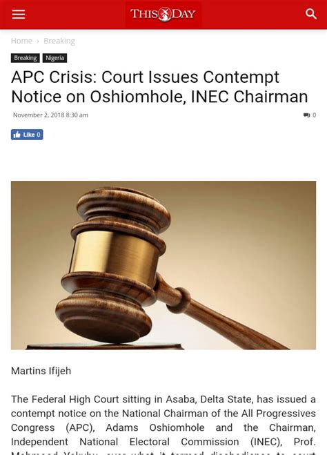 APC Crisis Court Issues Contempt Notice On Oshiomhole INEC Chairman Politics Nigeria