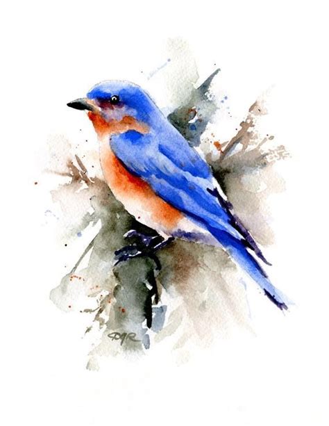 A Watercolor Painting Of A Blue Bird Sitting On Top Of A Leafy Branch