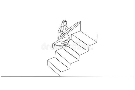 Drawing Of Businesswoman Using Pencil To Draw Big Stair To Climb Up To
