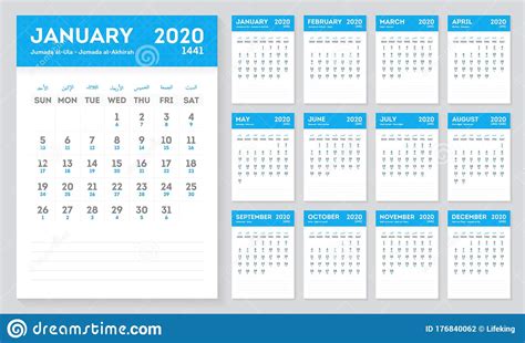 Islamic Calendar Year 2020 1441 Hijri And Gregorian Calendar Stock