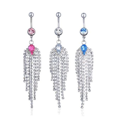 Trendy Long Tassel Belly Button Ring With Rhinestone Round Pendant Surgical Steel Navel Piercing