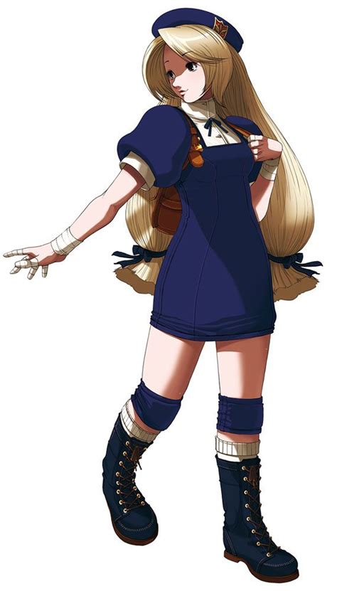 An Anime Character With Long Blonde Hair And Blue Overalls Holding Her