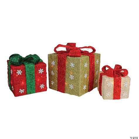 Northlight Set Of 3 Lighted Gold Green Cream Sisal Gift Boxes