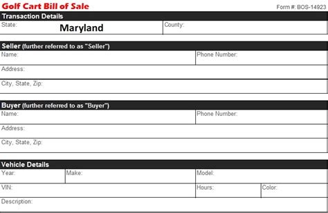 Maryland Golf Cart Bill Of Sale Free Template Selling Docs