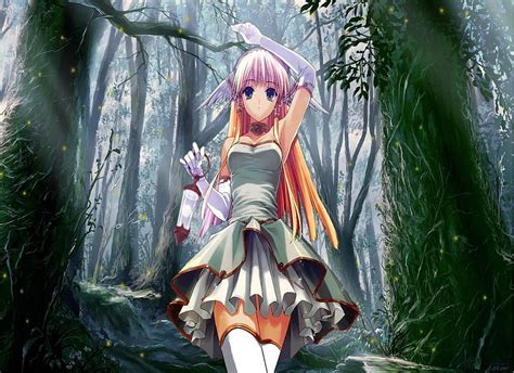 Girl In Woods Dress Woods Big Eyes Thigh Highs Bows Pull Ups Sweet Green Hd Wallpaper