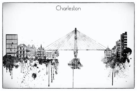 Black And White Charleston City Skyline Digital Art By Dim Dom Pixels