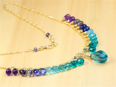 Teal Blue Fluorite Semi Precious Gemstone Necklace Multi Gemstone