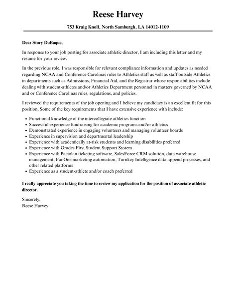 Associate Athletic Director Cover Letter Velvet Jobs
