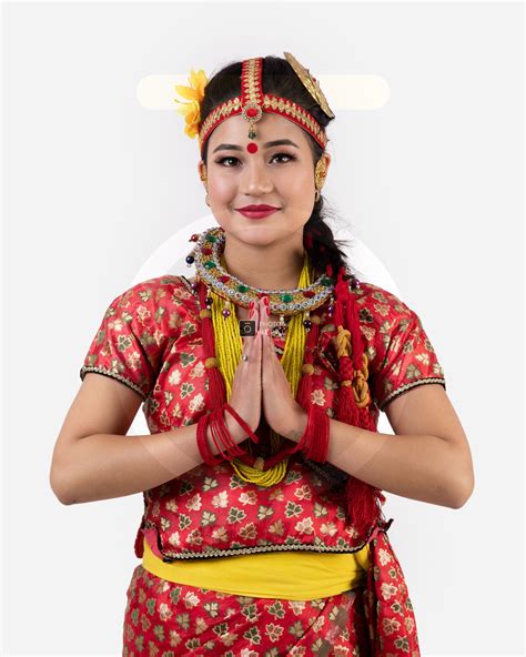 Nepali Girl Greeting Namaste In Fulbutte Sari Typical Nepali Dress