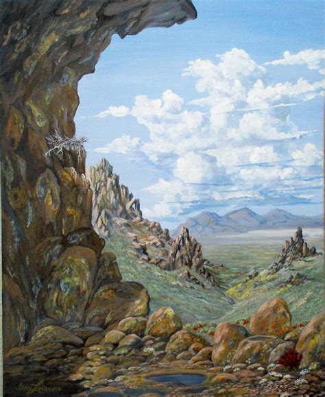 Desert Rocks Lichen And Wild Flowers Realistic Original Landscape Oil