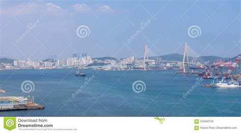 Busan Harbor Bridge And The Port Of Busan In Korea Editorial Stock