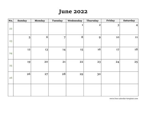 Simple June Calendar 2022 Large Box On Each Day For Notes Free