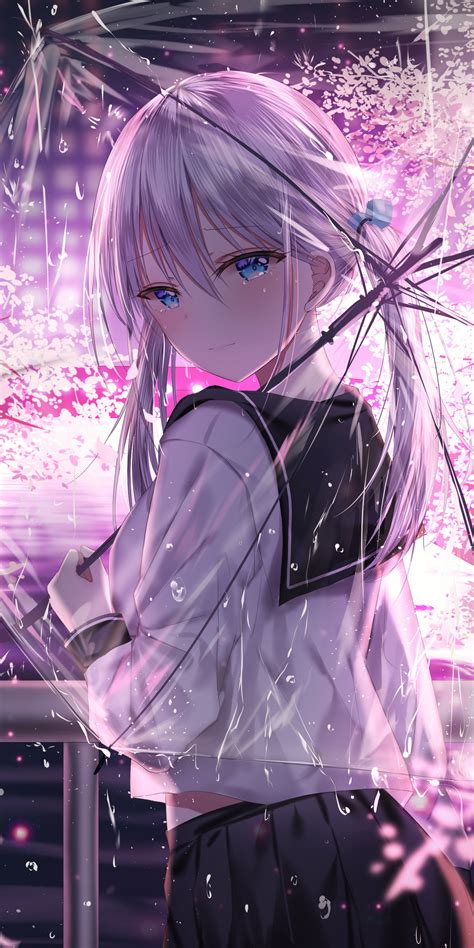 1080x2160 Anime Girl With Umbrella Outdoors Looking Back 5k One Plus 5t