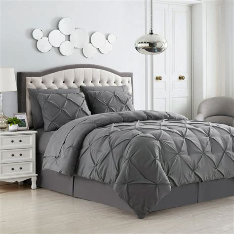 8 Piece Bed In A Bag Pintuck Comforter Sheet Bed Skirt Sham Set King Gray