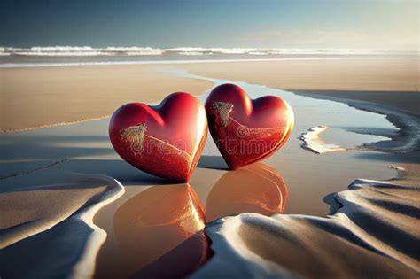 Two Red Hearts On The Beach Realistic Ilustration Generative Ai Stock