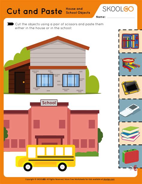 Cut And Paste House And School Objects Free Worksheet For Kids