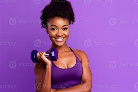 Beautiful Young African Woman Holding Dumbbell While Standing Against