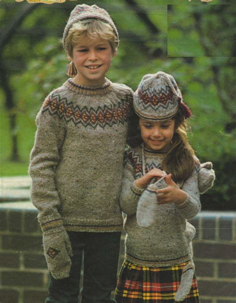 Childrens Fair Isle Yoke Sweater With Hat And Mittens Knitting Pattern