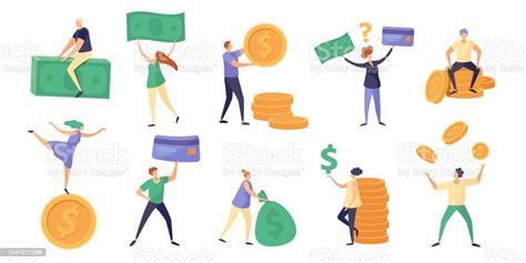 Tiny Characters Hold Money Bill Coin And Salary Cartoon Rich People With Currency Finance Debts