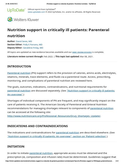 Nutrition Support In Critically Ill Patients Parenteral Nutrition
