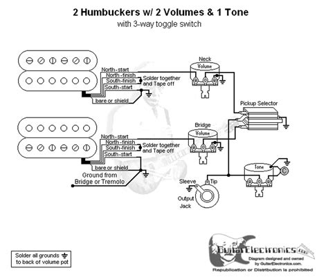 Follow the manufacturer's wiring diagrams. 2 Humbuckers/3-Way Toggle Switch/2 Volumes/1 Tone