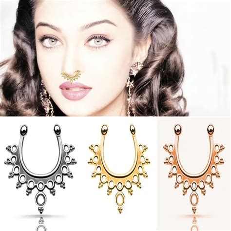 5pcslot Real Septum 3 Colors Nose Ring In 14 Styles For Women Ladies Ethnic Body Piercing Clip