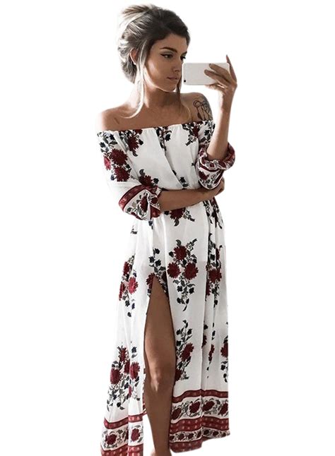 Womens Puff Sleeve Off Shoulder Floral Printed Maxi Dress