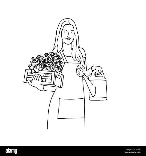 Line Drawing Of Gardener Woman With A Box Of Flowers And Watering Can