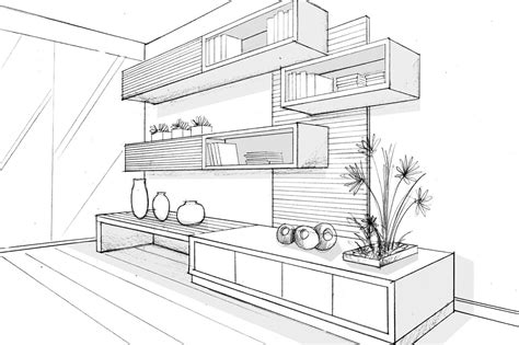 A Line Drawing Of A Living Room With Shelves And Planters On The Countertop