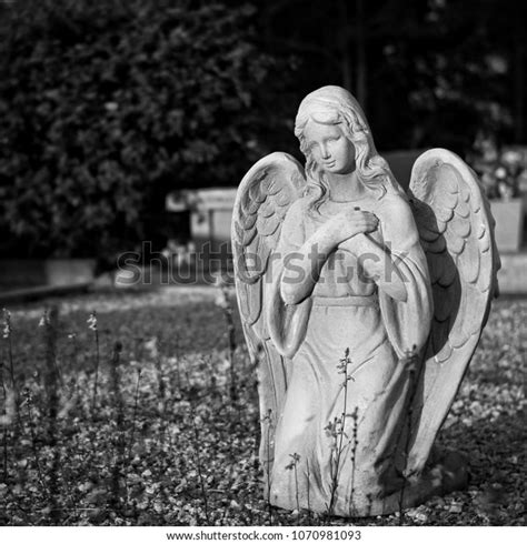 Gothic Angel Statue Cemetery Black White Stock Photo 1070981093