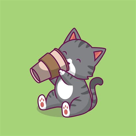 Premium Vector Cute Cat Drink Coffee Cartoon Illustration
