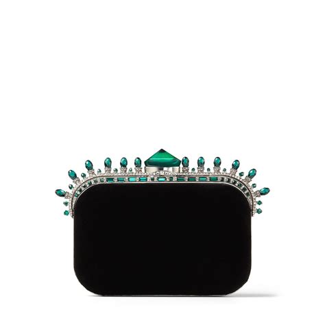 Jimmy Choo Cloud Black Velvet Clutch Bag With Dark Green Crown Jewels