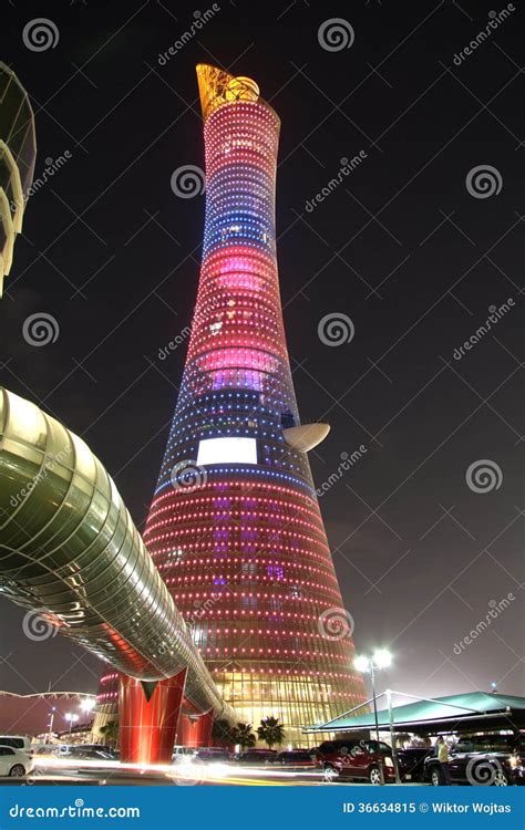 Aspire Tower Aka Torch Hotel In Doha Qatar At Night Editorial Photo
